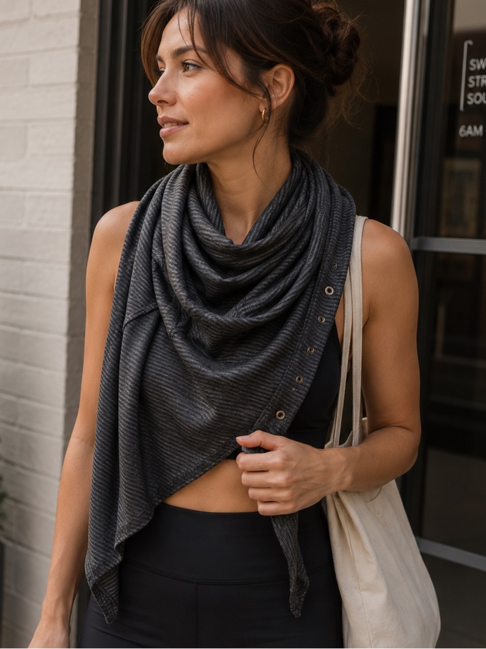 Lululemon Vinyasa Scarf Gray Heather Stripe Snap Wrap Circle Yoga Travel Raw Hem